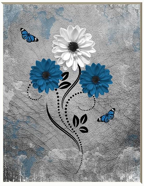 Photographs - Blue Dahlia Flowers Butterflies Rustic Modern Farmhouse Wall Pictures For Bedroom Bathroom Handmade Wall Art (Blue)