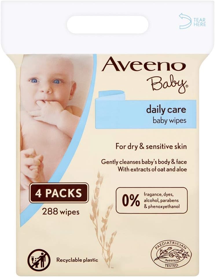 Aveeno Baby Wipes Sensitive Skin, Cleanse Gently And Efficiently Baby Essentials, Pack Of 4 (288 Wipes In Total)