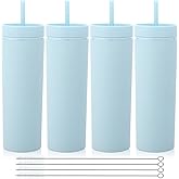Volhoply 20oz Plastic Skinny Tumblers Bulk 4 Pack, Tumbler with Lid and Straw,Reusable Travel Iced Coffee Mug,BPA Free Acrylic Water Cups With Straw for Party,DIY Gifts(Blue, 4 Set)
