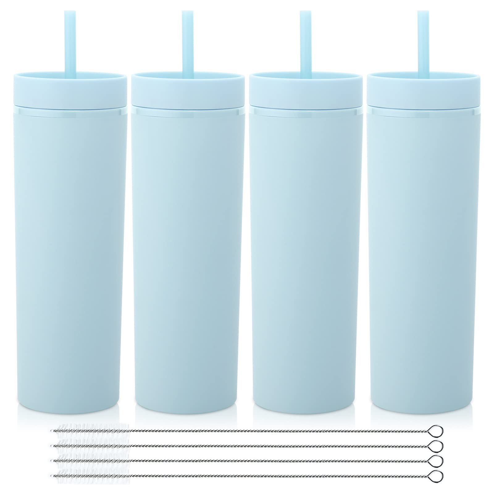 Volhoply 20oz Plastic Skinny Tumblers Bulk 4 Pack,Double Wall Tumbler with Lid and Straw,BPA Free Matte Acrylic Water Cups for Parties(Blue, 4 Set)