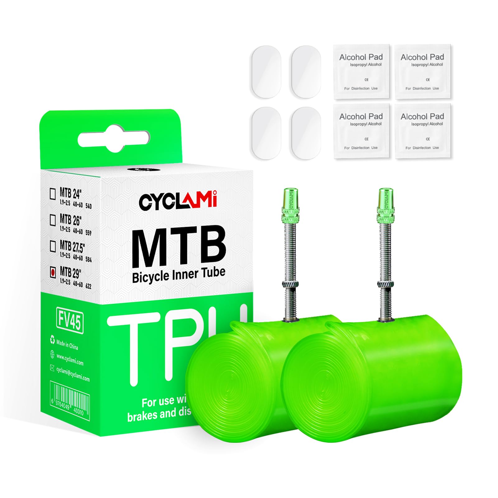 CYCLAMI 65g 2PCS Ultralight TPU Bike Inner Tube MTB Bicycle Tire 29" Compatible with 1.9-2.5 French Valve Length 45mm for Mountain Bike(Include 4 PCS Bike Inner Tire Patch Repair Kit)