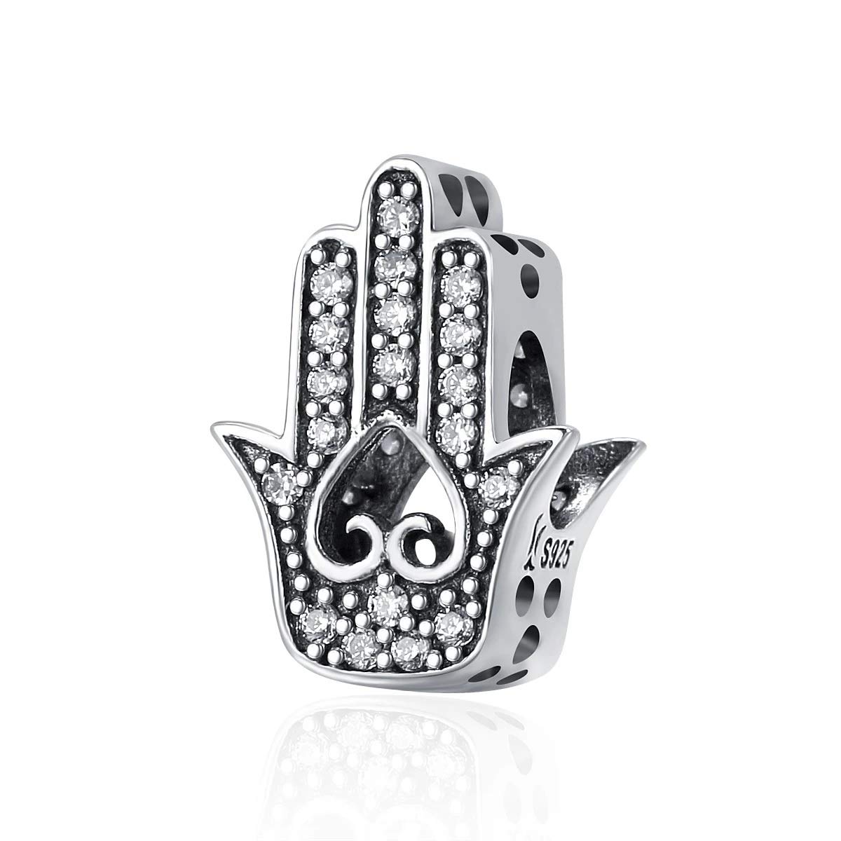FeatherWish Lucky Hamsa Evil Eye Charm Sterling Silver 925 Love Heart Family Travel Holiday Bead Fits And Compatible With Pandora Bracelets Gift For Friend Sister Wife Daughter (Palm)