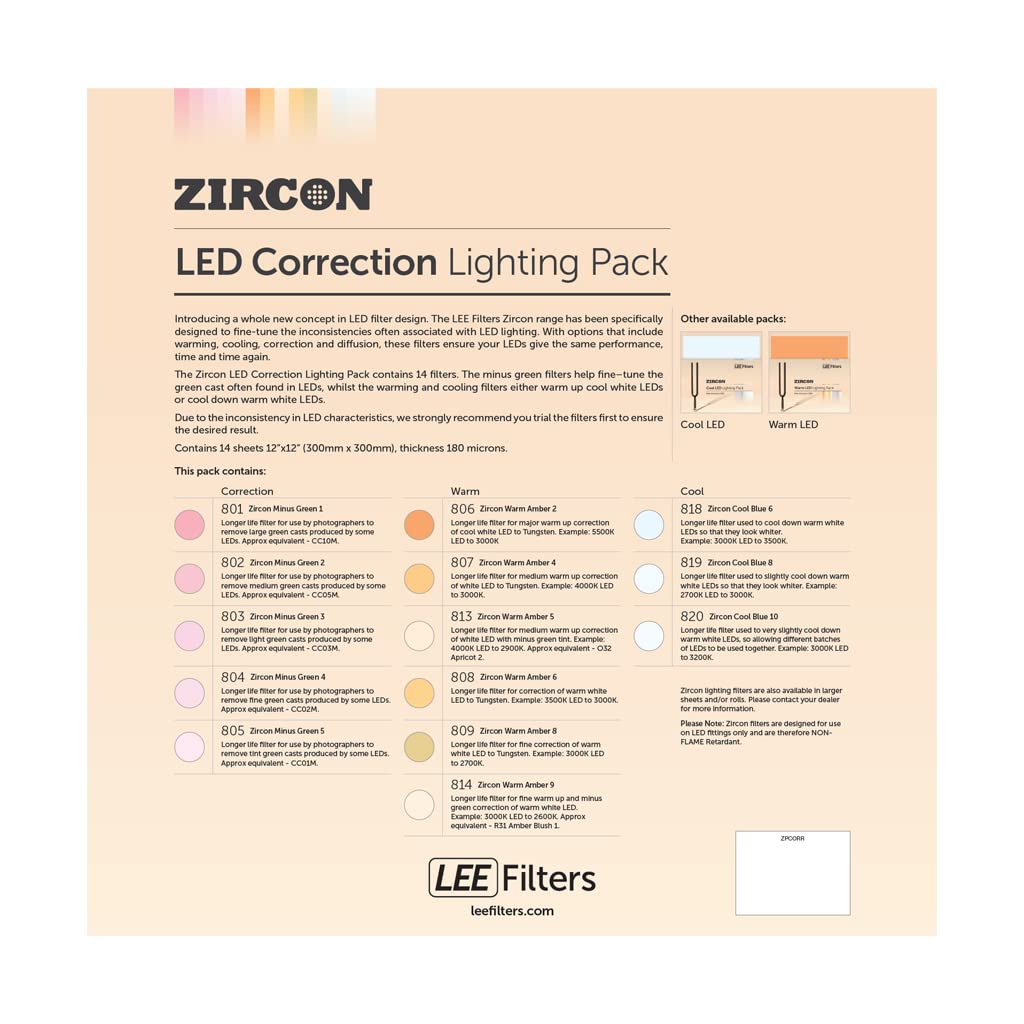 LEE LED Correction Lighting Gel Filter Pack 300mm x 300mm – Contains 14 Sheets, 1 Sheet Per Colour Totalling 14 sheets