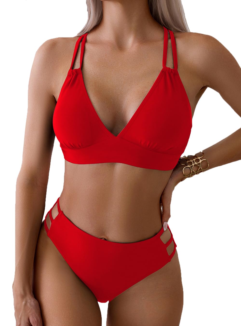 Photo 1 of Tainehs Women's Push Up V Neck Bikini Sets Criss Cross Back Two Piece Bathing Suit Red