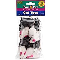 Penn Plax Play Fur Mice Cat Toys – Mixed Bag of 12 Play Mice with Rattling Sounds – 3 Color Variety Pack - CAT531, black and white