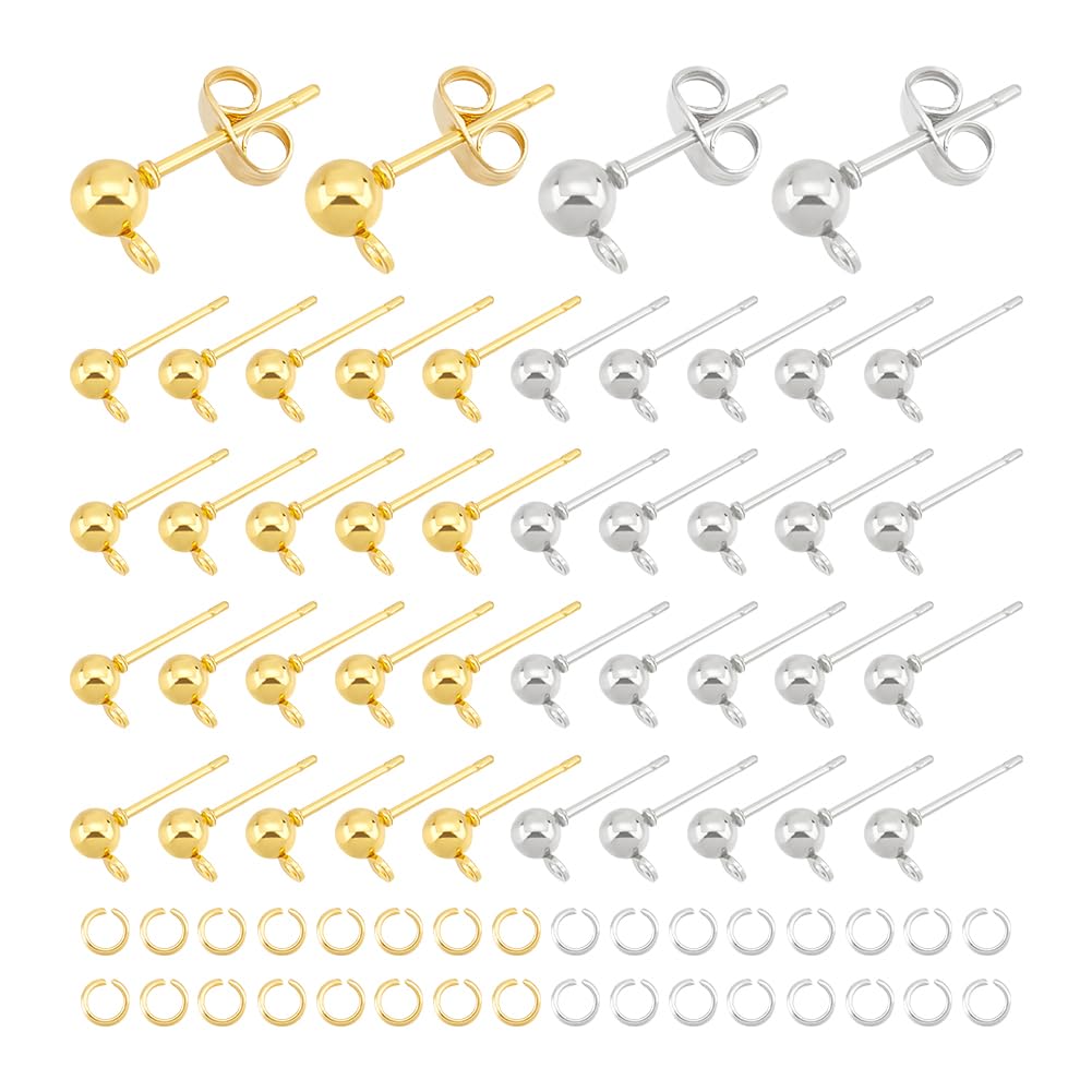 UNICRAFTALE 60 Pairs 2 Colors 2mm Ball Post Stud Earrings Stainless Iron Ball Stud Earring Post Ear Stud with Loop and Ear Nuts Golden & Stainless Steel Color Earrings for DIY Jewellery Making