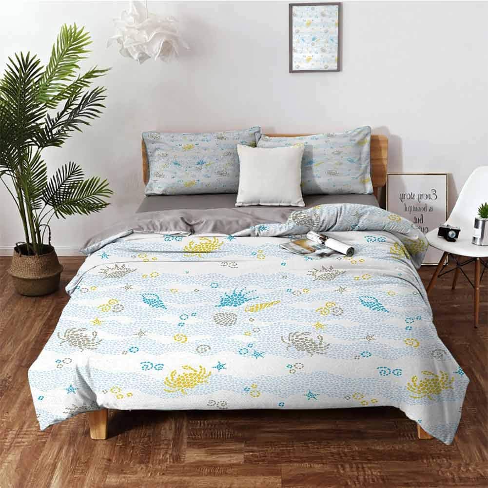 Crabs Bedding 3 Piece Duvet Cover Set Cal King, Comforter Bedding Set Maritime Sea Theme Crabs and Seashells Blue and Yellow Soft Comfy Breathable Fade
