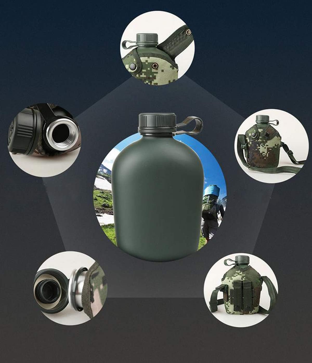 Jadedragon Military Canteen Water Bottle, Aluminium Water Canteen Reinforced Nylon Cover Belt Holster, Capacity 1/1.5/2/2.5/3L Portable Water Bottles with Shoulder Strap