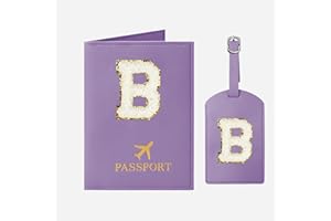 JOYRNALK Passport Holder for Travel Women Initial B Passport Cover Passport Wallet Passport Case Travel Essentials Leather Passport Holder and Luggage Tags Set With Chenille Letter Patch for Travel Purple B