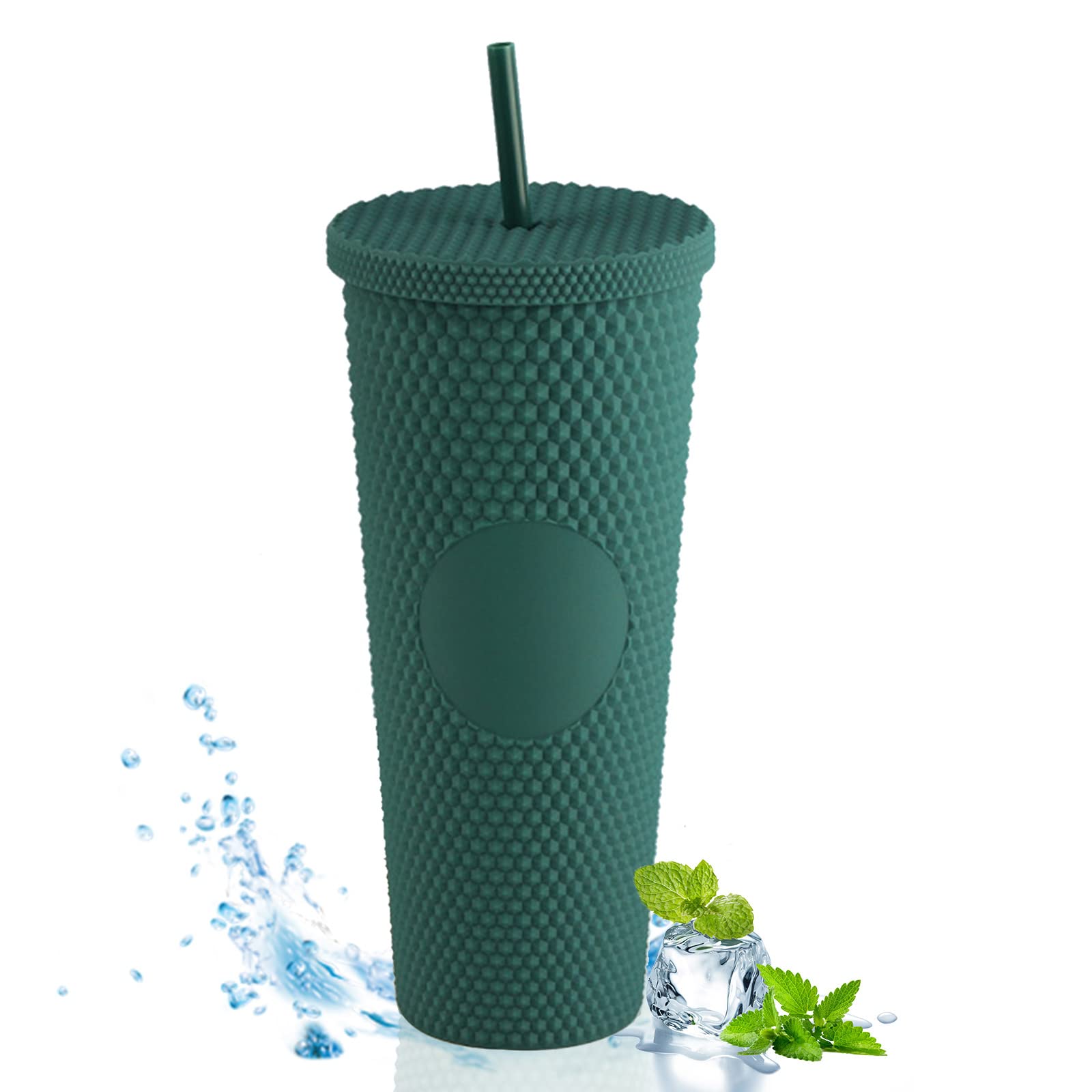 TWSOUL Studded Cup Tumbler 710ml Studded Tumbler with Lid and Straw Reusable Cold Cup for iced Coffee Double Walled Plastic Water Bottl (Dark Green)