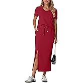GRECERELLE Women Summer Casual 2 Piece Sets V-Neck Wrinkle-Free Top & Elastic Waist Midi Side Slit Skirt with Pockets