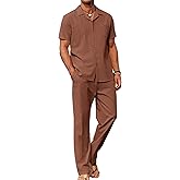 COOFANDY Men 2 Piece Linen Outfit Beach Button Down Shirt Casual Loose Pant Sets