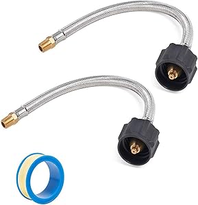 SHINESTAR 12inch Pigtail Stainless Braided RV Propane Hose Connector with Type 1 Connection - Acme x 1/4 Male NPT- 1feet, 2 Pack, Includes Thread Seal Tape