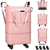 VOOWO Duffel Bag with Wheels - Rolling Foldable Expandable Duffle bags for Travel, Rolling Under Seat Luggage Carry On Travel Bag, Large Wheeled Overnight Weekender Bag (Pink)