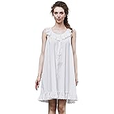 BEAUZSUZSANA Victorian Cotton Lace Nightdress Vintage Short Nightgown Sleeveless Crew Neck Sleepwear Lounge Dress