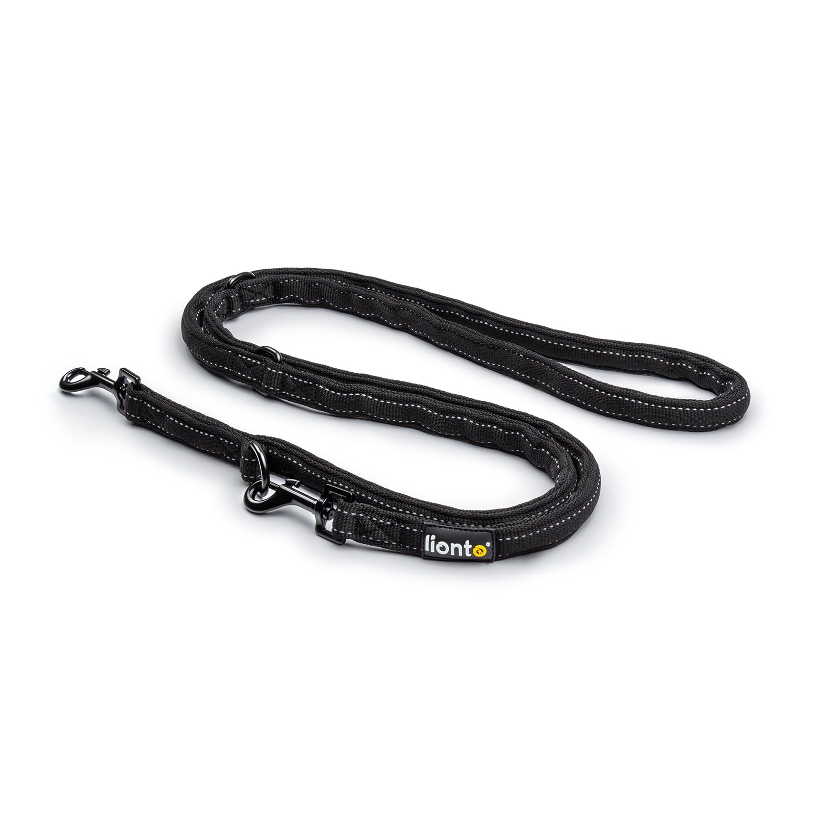 lionto 3-way adjustable leash for dogs, reflective dog leash 200 cm long, training leash for sporty walks, durable nylon & stainless steel carabiners, black