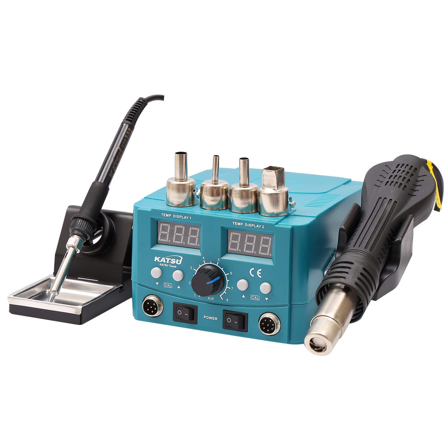 Hot Air Rework Station, KATSU 2 in 1 Electric Digital Display Heating Gun Hot Air Gun Soldering Iron Welding Station Kit, Adjustable Temperature, Ideal for Electronics Electrical Repairing