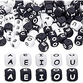 CRAFTYMELODY 100Pcs 10 Styles Cube Vowel Letter Beads 12mm Silicone Letter Beads Square Black White Alphebet Bead Cube Loose Spacer Bead for DIY Crafts Bracelet Necklace Jewelry Making Supplies