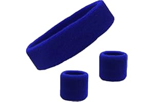 Kenz Laurenz Sweatband Set Cotton Sports Headband Terry Cloth Wristband Moisture Wicking Sweat Absorbing Head Band Athletic Exercise Basketball Wrist Sweatbands and Headbands
