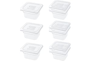 QMEEKI 6 Pack 1/6 Size 4'' Deep Clear Food Pans with Lids, Commercial Food Pans Acrylic Transparent Food Storage Containers, Stackable Plastic Pan with Capacity Scale, Restaurant Supplies Hotel Pan