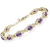 Gem Stone King 18K Yellow Gold Plated Silver Oval Gemstone Birthstone Tennis Bracelet For Women | Oval 6X4MM | 7 Inch With 1 Inch Extender | Fine Jewelry Gifts for Her Mom Women Wife