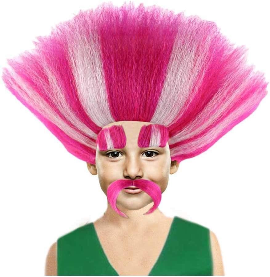 King Troll Wig with Eyebrows and Mustache, Red with White Stripes Kids and Adult Sizes HM-110