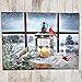 BANBERRY DESIGNS Christmas Candle Lantern & Cardinals LED Canvas Print - Snowy Winter Pine Trees Window Scene - Lighted Picture - Wall Art with Battery Operated Lights