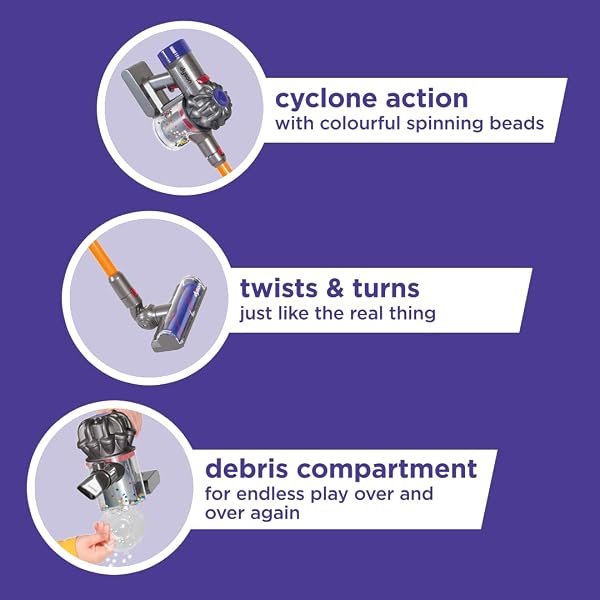 CASDON DYSON CORDLESS VACUUM INTERACTIVE & OFFICIALLY LICENSED TOY DYSON VACUUM FOR CHILDREN AGED 3+ REALISTIC ROLE-PLAY FUN, PURPLE AND ORANGE