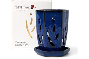 rePotme 4 x 6 inch Hexagon Ceramic Orchid Pot with Holes (Midnight Blue) - Ideal Plant Pot for Repotting Orchids and Other Flowers - Indoor/Outdoor