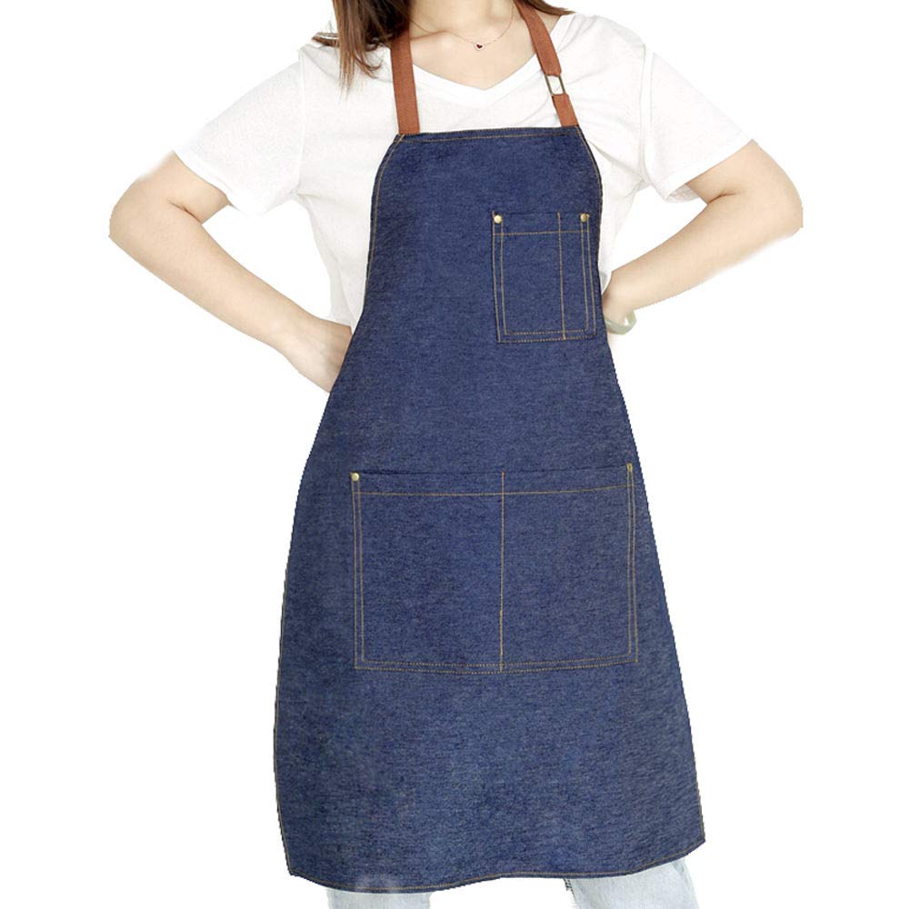 EODIEBN Denim Apron with Adjustable Unisex Multi-Pockets for Kitchen Crafting Cooking, Dark Blue