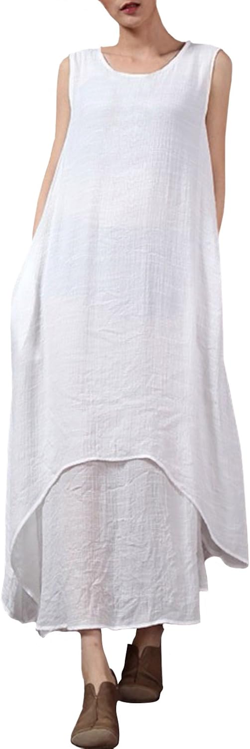 ZANZEA Women's Linen Vintage Sleeveless Kaftan Long Tops Casual Loose