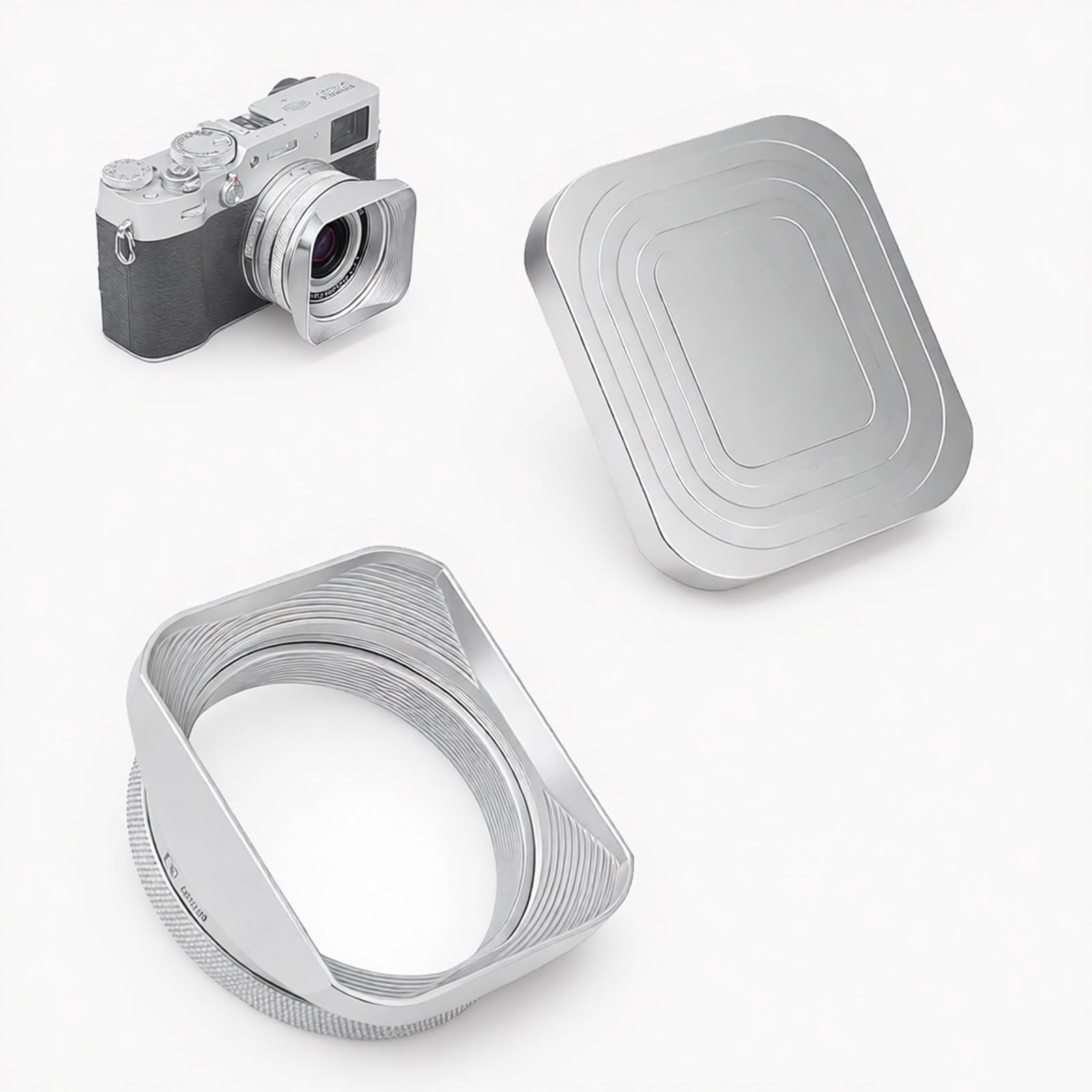 Photo 1 of X100VI X100V Metal Lens Hood Shade with Cap and 49mm Adapter Ring Kit for Fuji X100VI Fujifilm X100V X100F X100 X100S X100T X70 Camera (Silvery)
