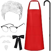 JcHrmers 7 Pcs Halloween Fast Food Costume Include Wig,Glasses,Apron,Cane,Beard,Mustache and Bowtie for Men Women Halloween Party Dress Up