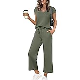Saloogoe Two Piece Sets for Women Summer Outfits Lounge Sets V Neck Tops Wide Leg Pants Woman Vacation Travel Outfits