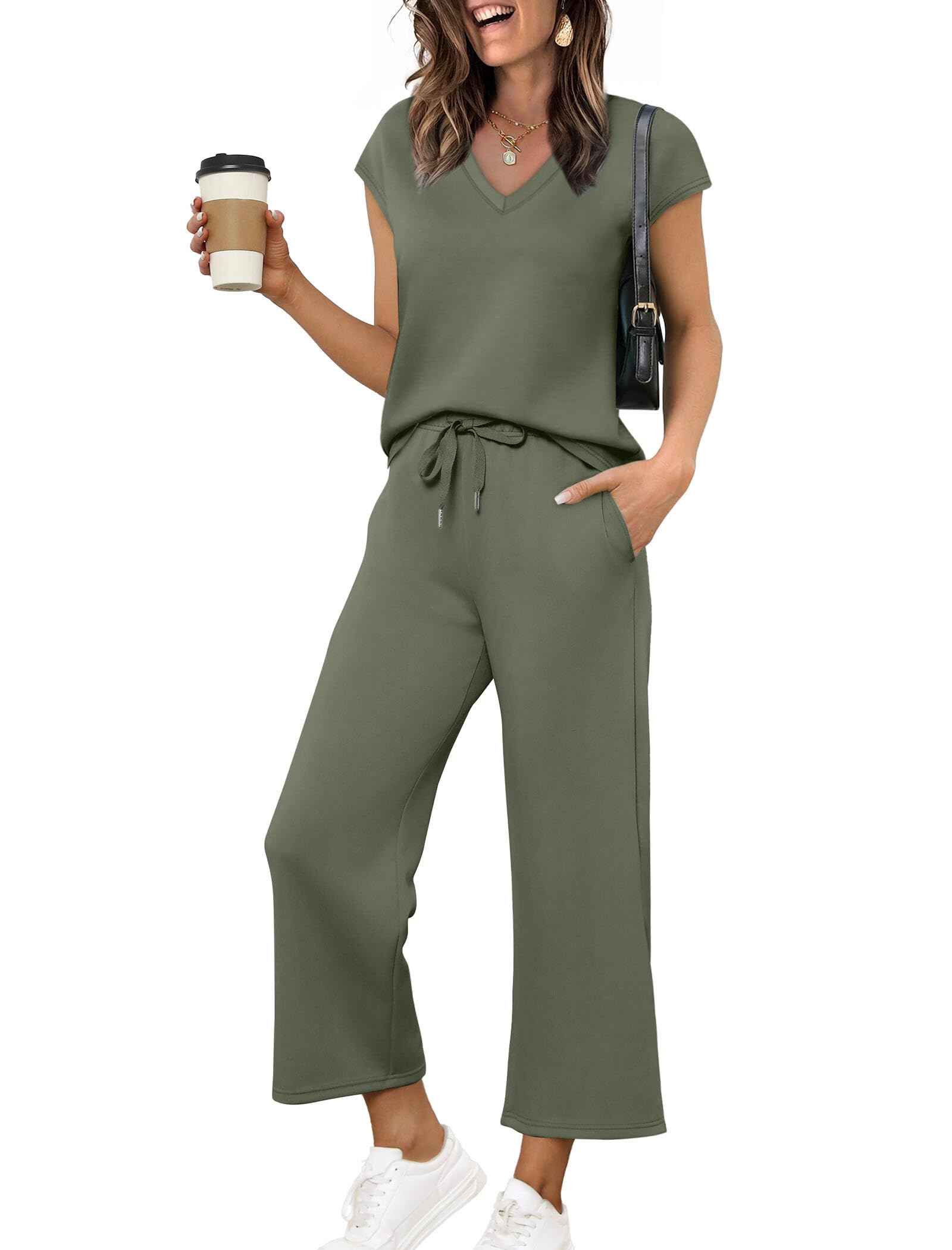 Photo 1 of ***PARTIAL SET/ BOTTOMS ONLY**** Oversized Track Suit for Women 2 Piece Outfits Summer Lounge Set Short Sleeve Tracksuit Loose Fit Sweatsuit Wide Leg Capri Pants Matching Clothing Sets Vacation Clothes XL