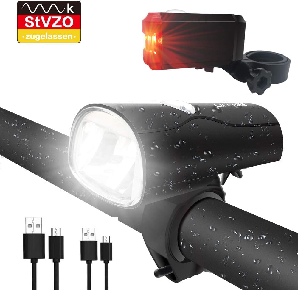 LIFEBEE LED Fahrradlicht, LED Fahrradbeleuchtung StVZO Zugelassen USB Wiederaufladbare Frontlicht und Rücklicht Set, Fahrradlampe, 2 Licht-Modi, Fahrradlichter mit USB-Kabel für Mountainbike-MEHRWEG