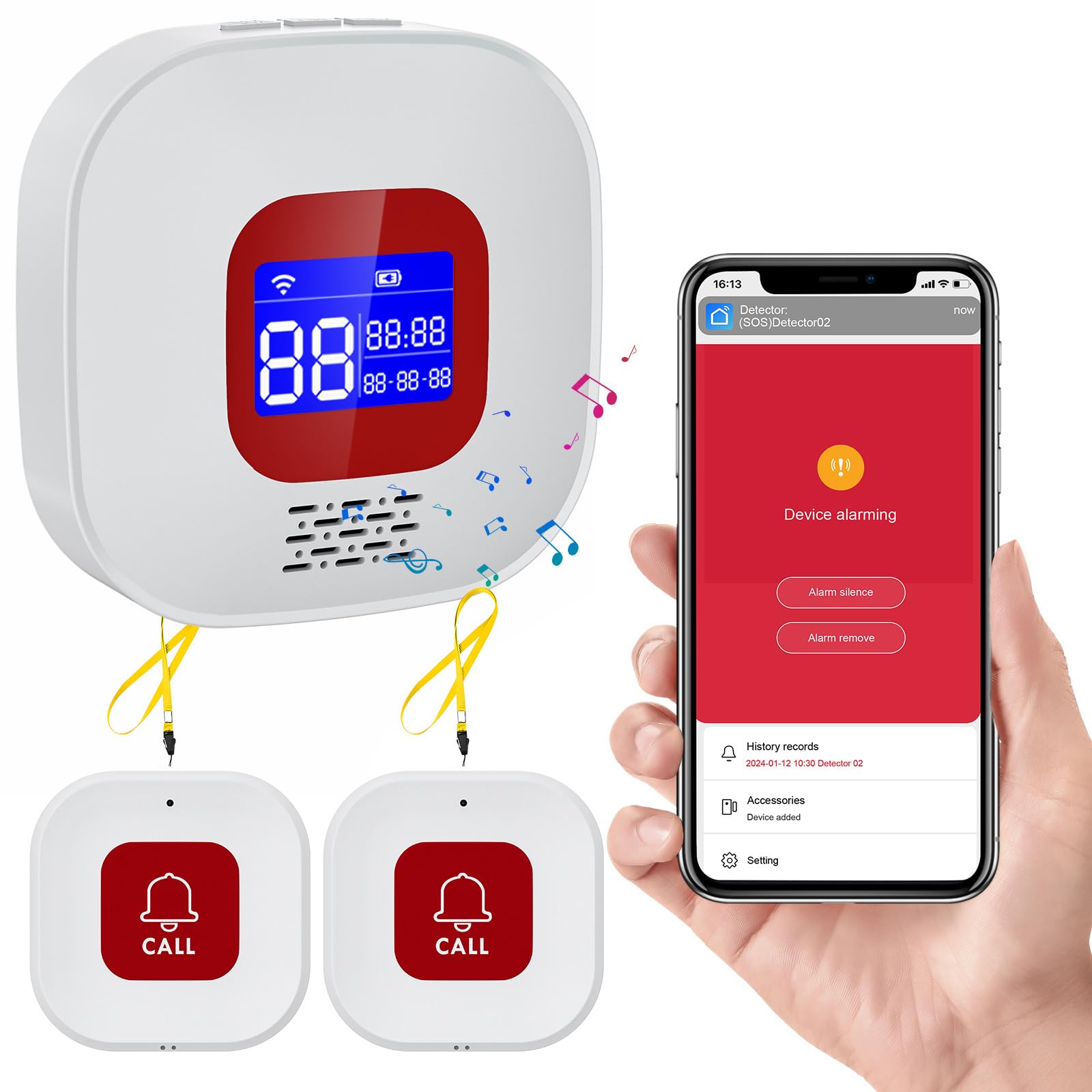 Chatthen Personal Alarms for Elderly, WiFi Smart Panic Alarm, Wireless Caregiver Pager Elderly Monitor, 1 Receiver and 2 Call Button, Compatible with Tuya/Smart Life APP (Only Supports WiFi 2.4GHz )