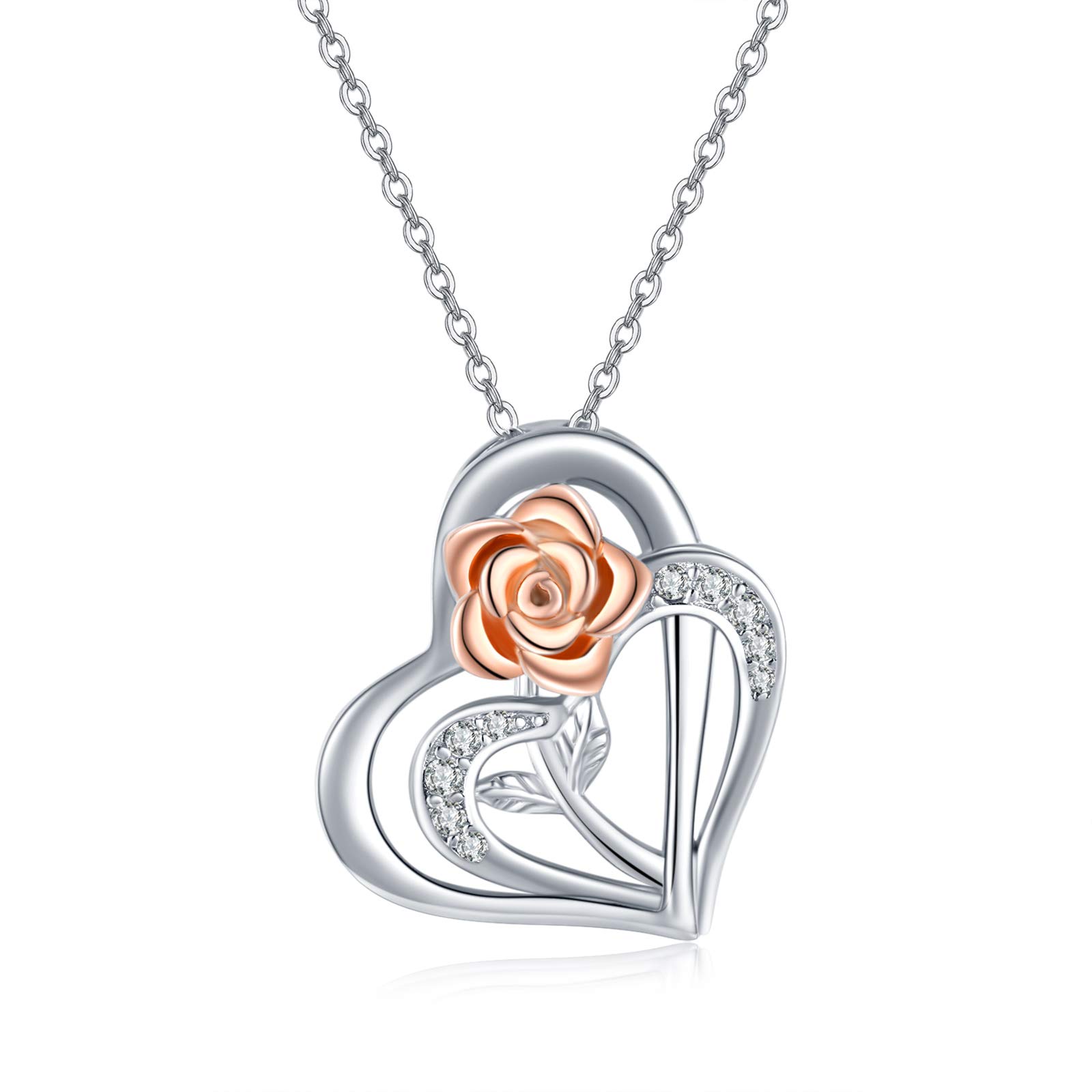 JFASHOP Rose Flower Necklace for Women S925 Sterling Silver Heart Pendant Necklace Flower Jewellery Thanksgiving Gifts Valentines for Girls Kids