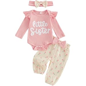 Polinkety Newborn Baby Girl Fall Outfit Set Romper Pants Infant Clothes | Letter Print Daisy Long Sleeve Ribbed Jumpsuit Body