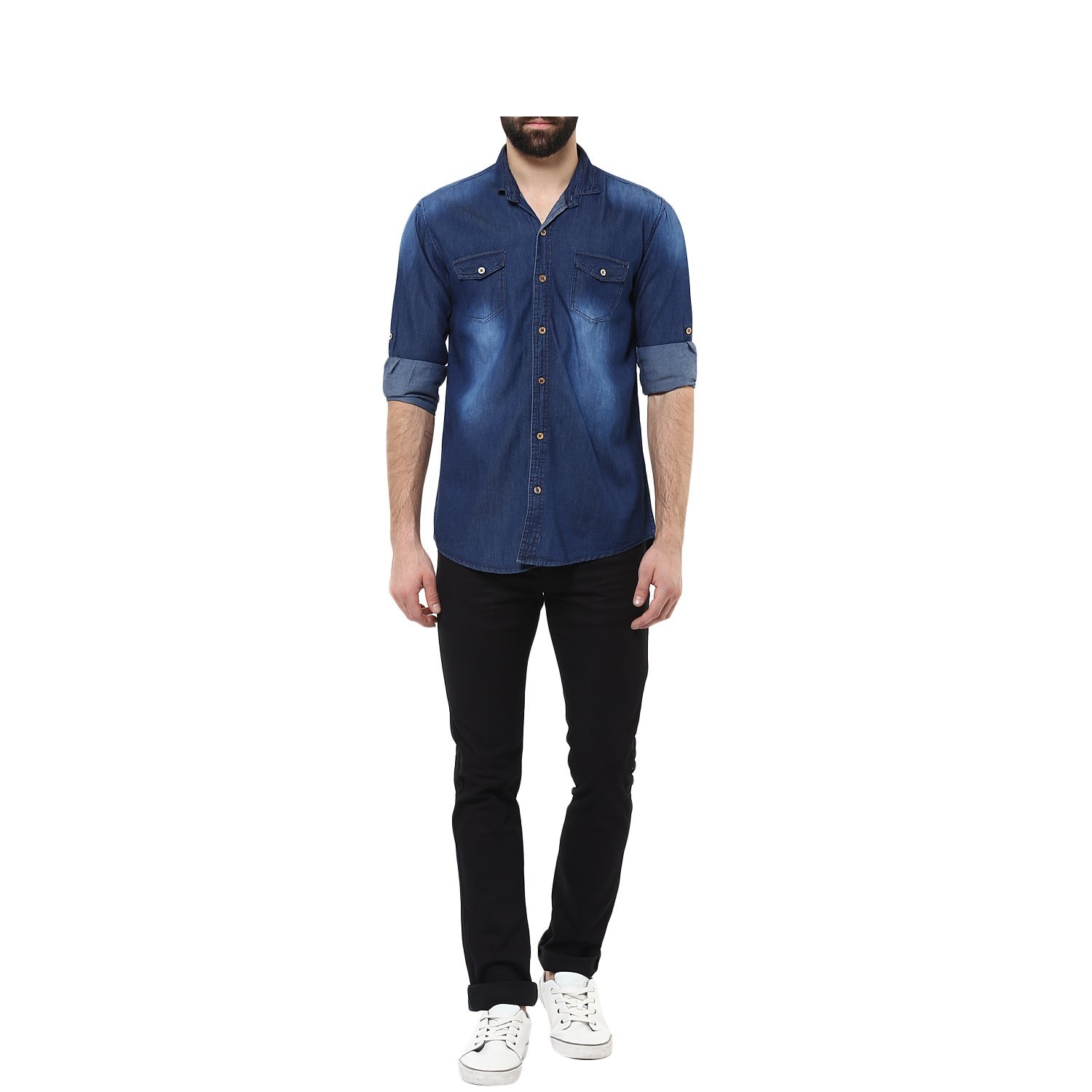 urbano fashion men's dark blue casual denim shirt