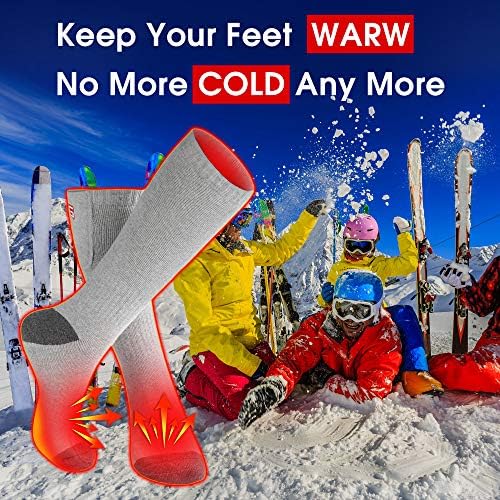 Pair of autocastle battery-heated socks displayed with electrical components.