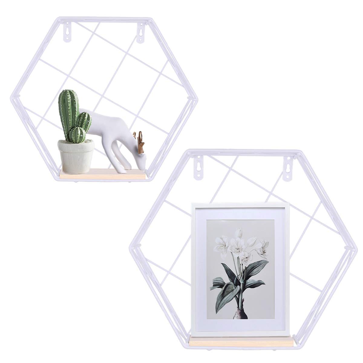 Floating Shelves Wall Mounted Metal Wire Art Hexagon Shelves with Solid Wood Board for Plant Display, Storage Racks & Organiser, Home Decoration Wall Shelf Set of 2 (White, Grid)