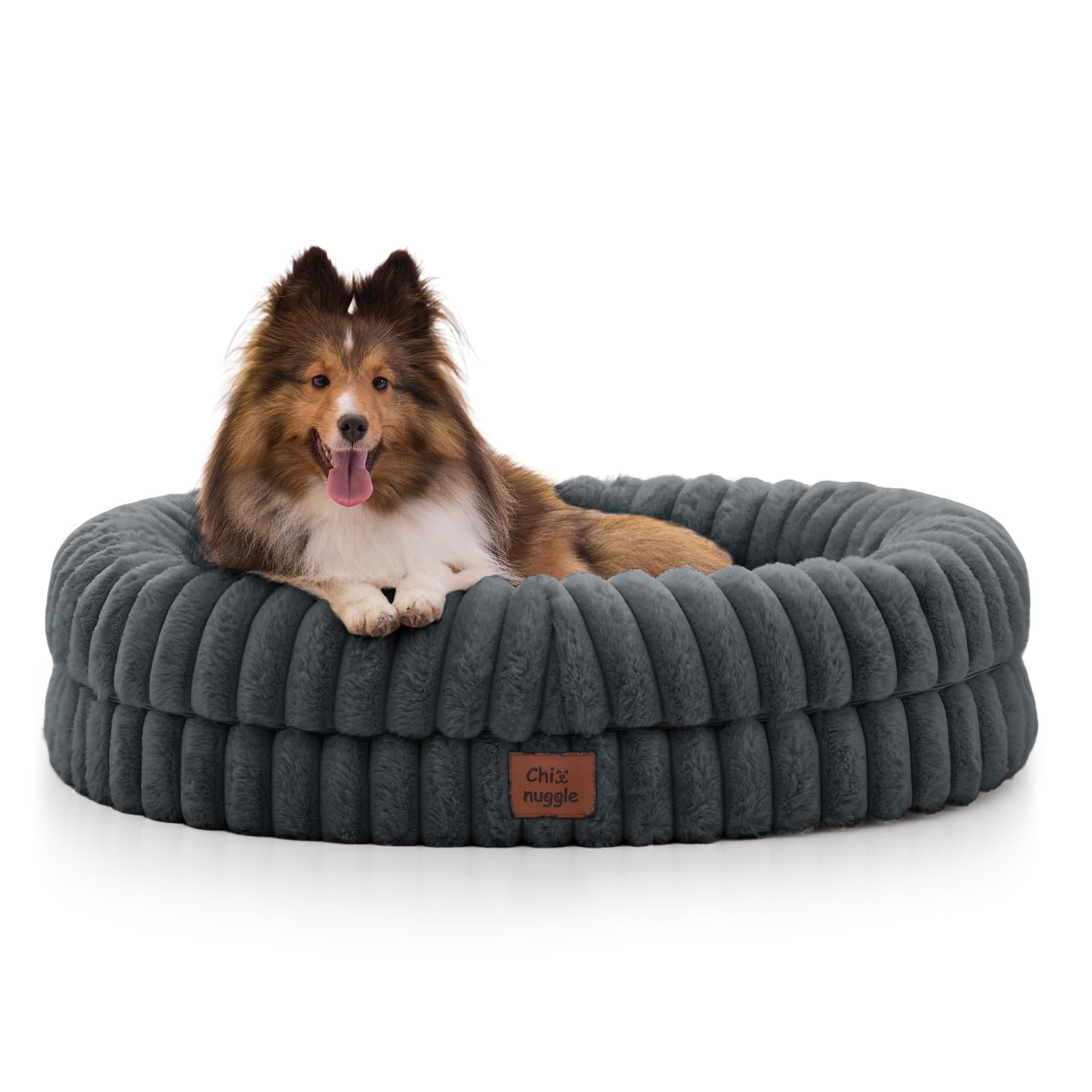Photo 1 of ChiXnuggle Dog Bed Medium Sized Dog - Luxury Striped Faux Fur Waterproof Pet Couch with Removable Washable Cover, Orthopedic Pet Bed with Bolster Sides for Sleeping, Dark Grey