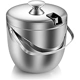 Ice Bucket,Insulated Stainless Steel Double Walled Ice Bucket with Lid,Stainless Steel Ice Tongs -2.8L-Silver
