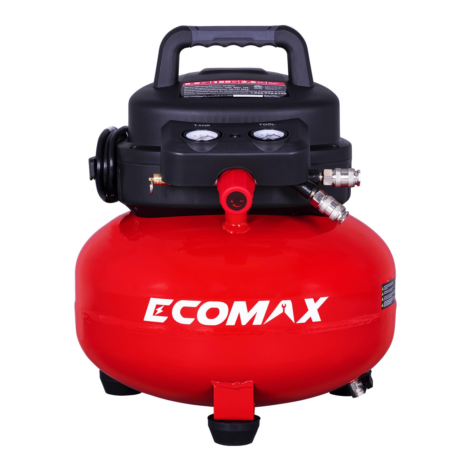 Photo 1 of ECOMAX Air Compressor, Portable Air Compressor, 6 Gallon, Pancake Air Compressor, Max 150 PSI, 2.6 CFM @90 Psi, Oil Free Small Electric Air Compressor for Car, Home and Jobsite, Red Model: 0210673