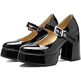 QIV Platform Mary Jane Heels Patent Chunky Round Closed Toe Dress Shoes | Buckle Strap Platform Mary Jane Pumps, Glossy Patent Closed Toe Dress Shoes, Ideal for Parties, Weddings, Proms &amp; Daily Wear