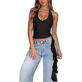 Womens Going Out Tops for Women Open Back Tie Halter Top Mesh Deep V Neck Tank Tops Club Vacation Outfits