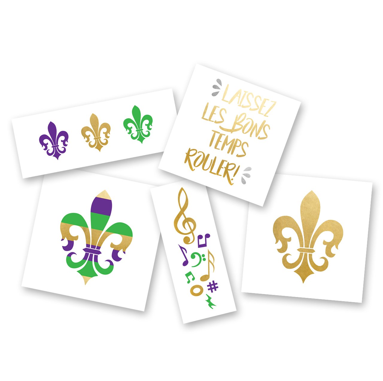Mardi Gras Variety Set of 25 assorted premium waterproof metallic, purple & green temporary jewelry foil Flash Tattoos, temporary tattoo, party supplies, Mardi Gras party decor