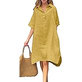 CHOUYATOU Women's Summer Casual Linen Beach Tunic Dress Loose High Low Midi Long Polo T Shirt Dress