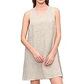 Amazhiyu Womens 100% Linen Summer V Neck Sleeveless Back Keyhole Mini Tank Dress